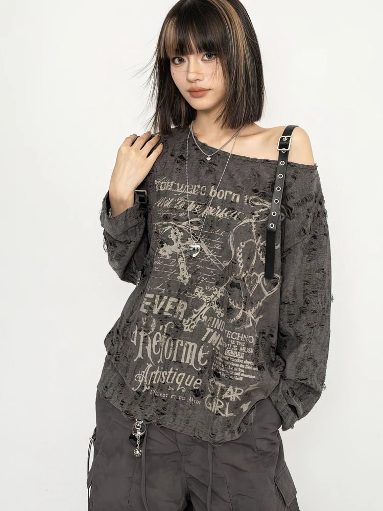 Y2k Long sleeve T shirt Women Off shoulder Oversize Tops Female Spring Autumn Vintage Holes Basic Tees Streetwear Chic