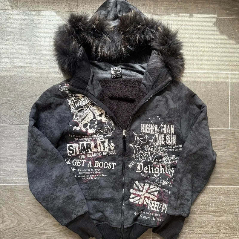 Y2K Harajuku Hip-hop Plus Velvet Padded Oversized Pattern Printed Hooded Sweater Women Gothic Vintage Casual Joker Coat