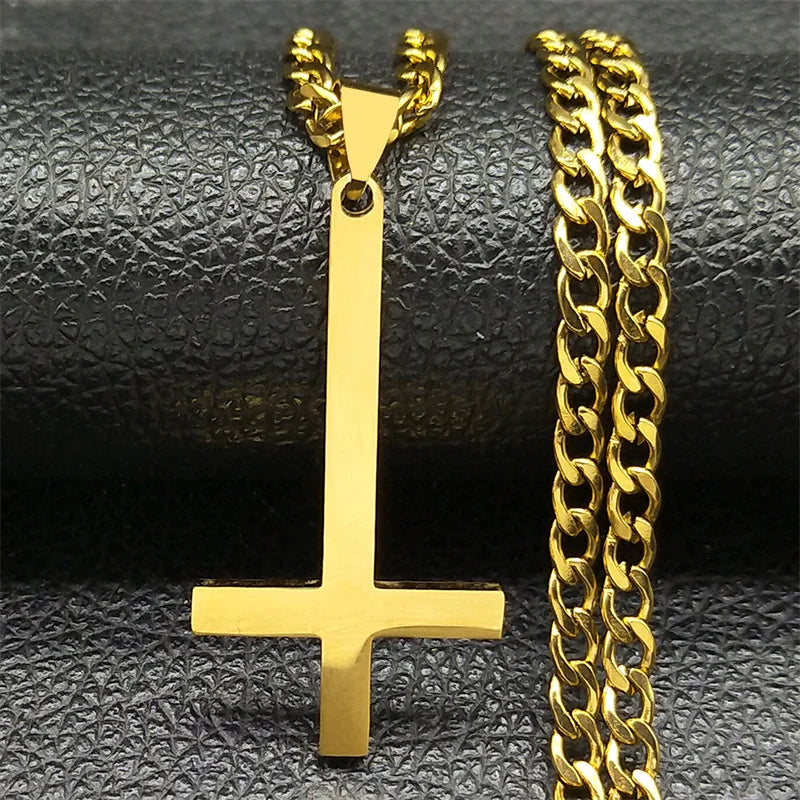 Stainless Steel Gothic Upside Down Cross Necklace for Man Women Black Inverted Cross Male Chain Jewelry collar hombre 8374-QKC