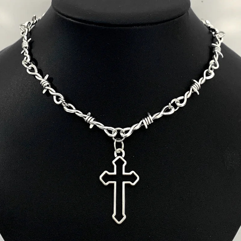 Small wire Brambles cross Choker Necklace Women Hip-hop Gothic Punk Style Barbed Wire Little thorns Chain Choker Gifts