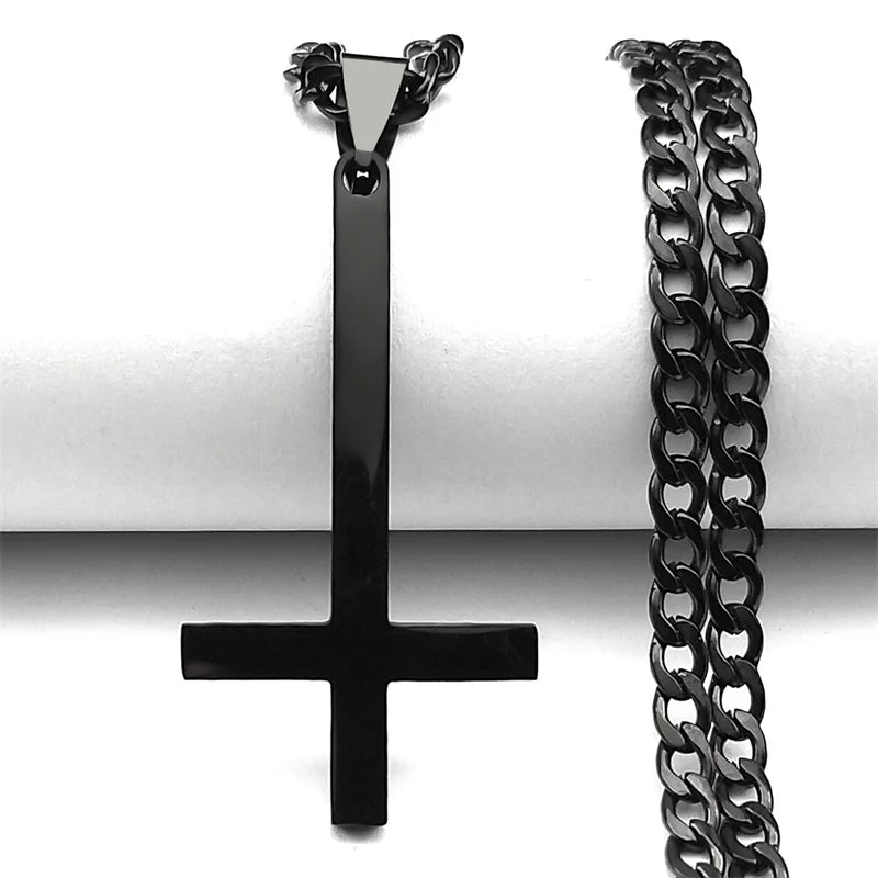 Stainless Steel Gothic Upside Down Cross Necklace for Man Women Black Inverted Cross Male Chain Jewelry collar hombre 8374-QKC