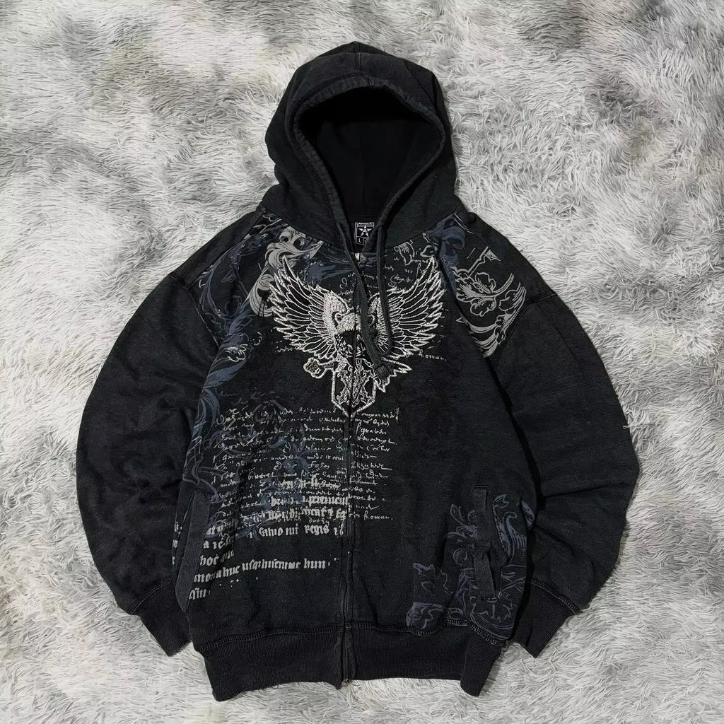 Y2K Harajuku Hip-hop Plus Velvet Padded Oversized Pattern Printed Hooded Sweater Women Gothic Vintage Casual Joker Coat