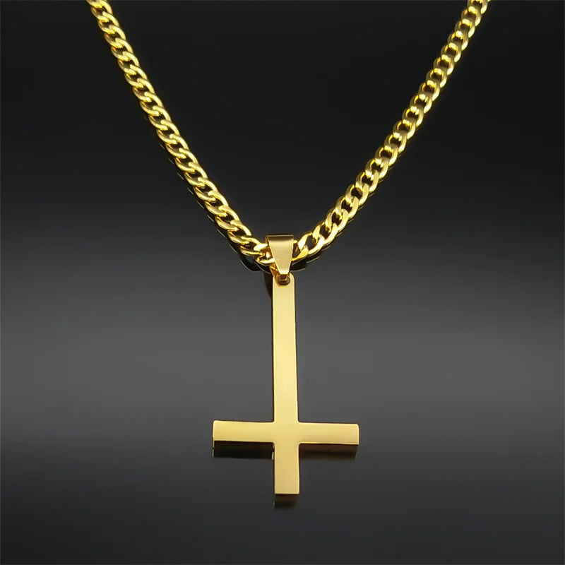 Stainless Steel Gothic Upside Down Cross Necklace for Man Women Black Inverted Cross Male Chain Jewelry collar hombre 8374-QKC