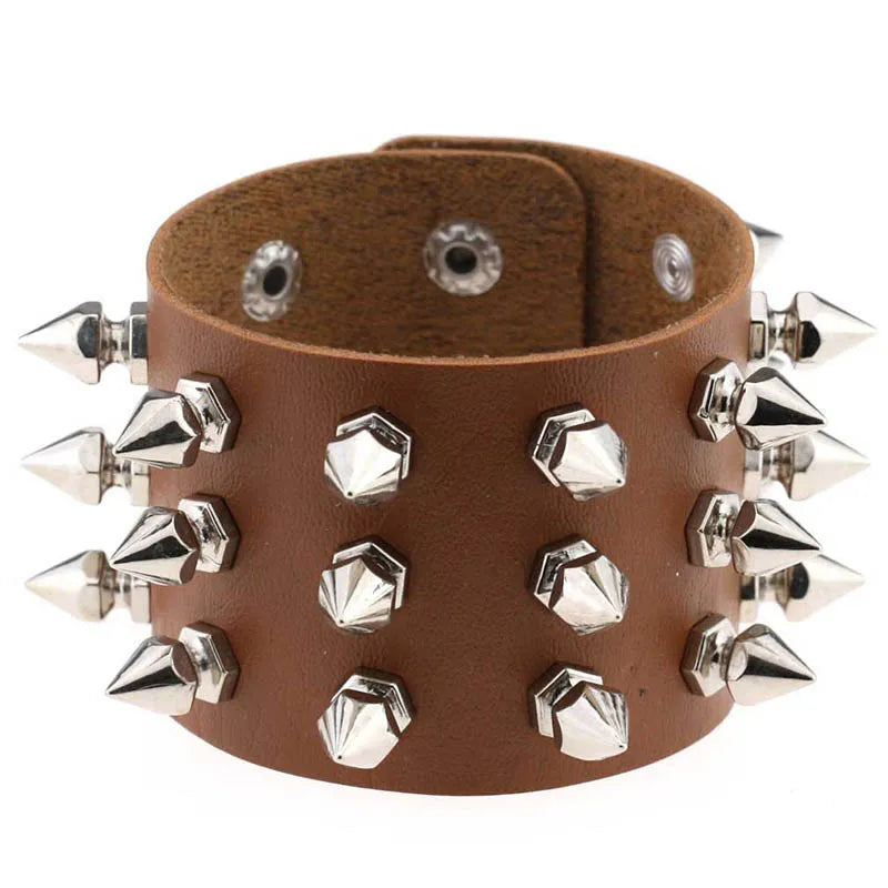 Vintage Leather Bracelet Three Row Cuspidal Spikes Rivet Stud Wide Cuff PU Leather Punk Gothic Rock Unisex Bracelet Men Jewelry