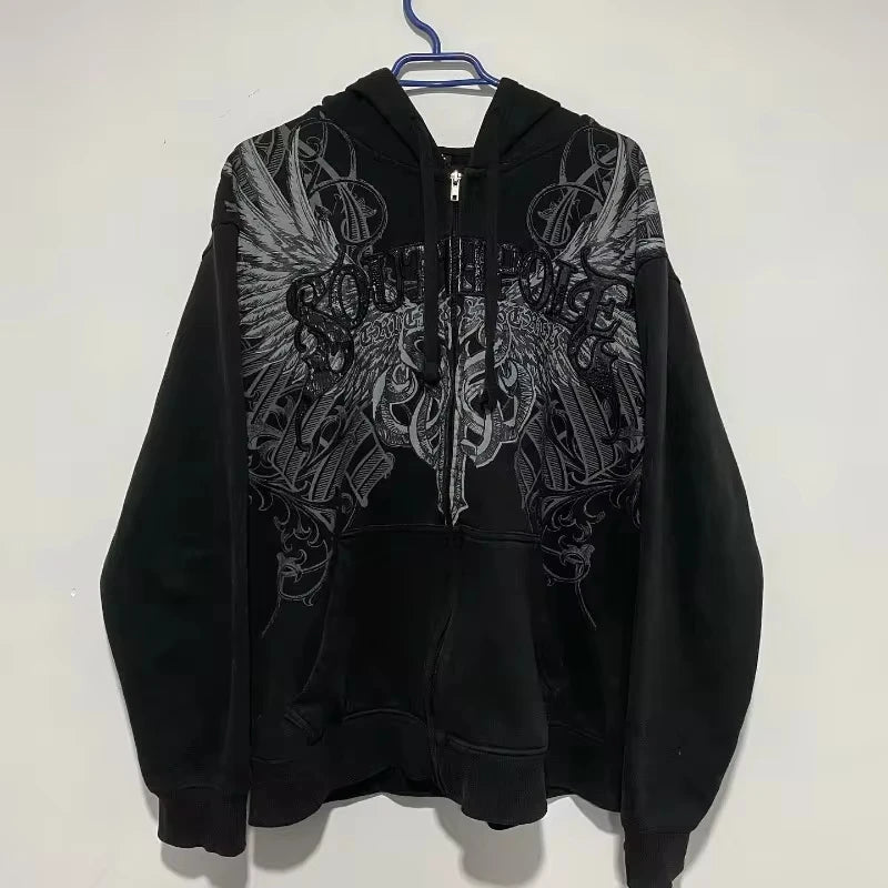Y2K Harajuku Hip-hop Plus Velvet Padded Oversized Pattern Printed Hooded Sweater Women Gothic Vintage Casual Joker Coat