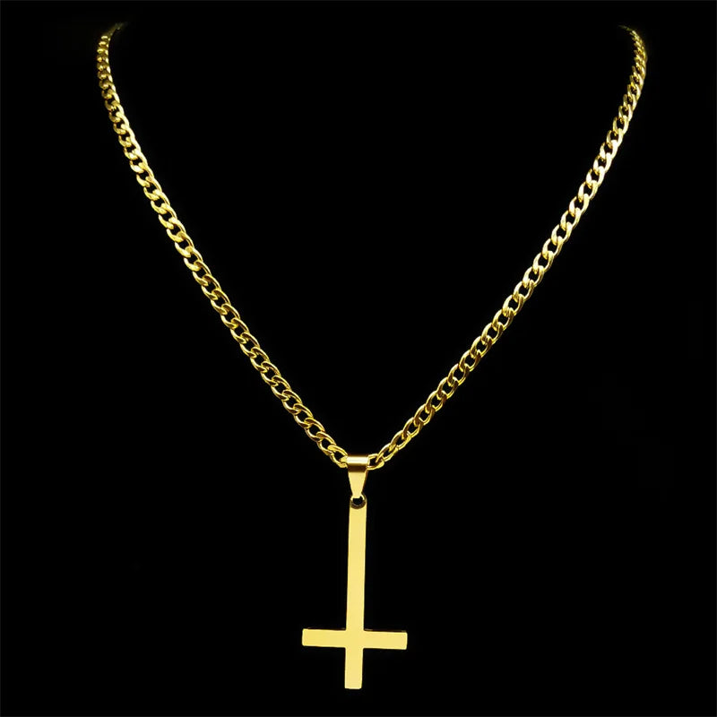 Stainless Steel Gothic Upside Down Cross Necklace for Man Women Black Inverted Cross Male Chain Jewelry collar hombre 8374-QKC