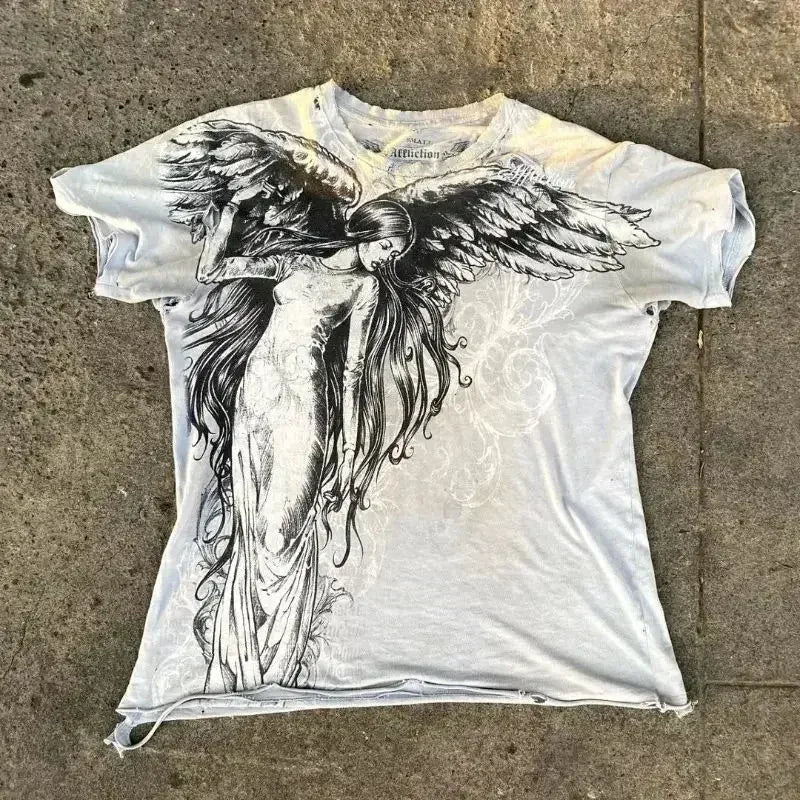 Y2K american skull pattern long sleeved T shirt Fashion Round Neck Oversized T shirt New Mens Womens Casual Gothic Clothing Tops