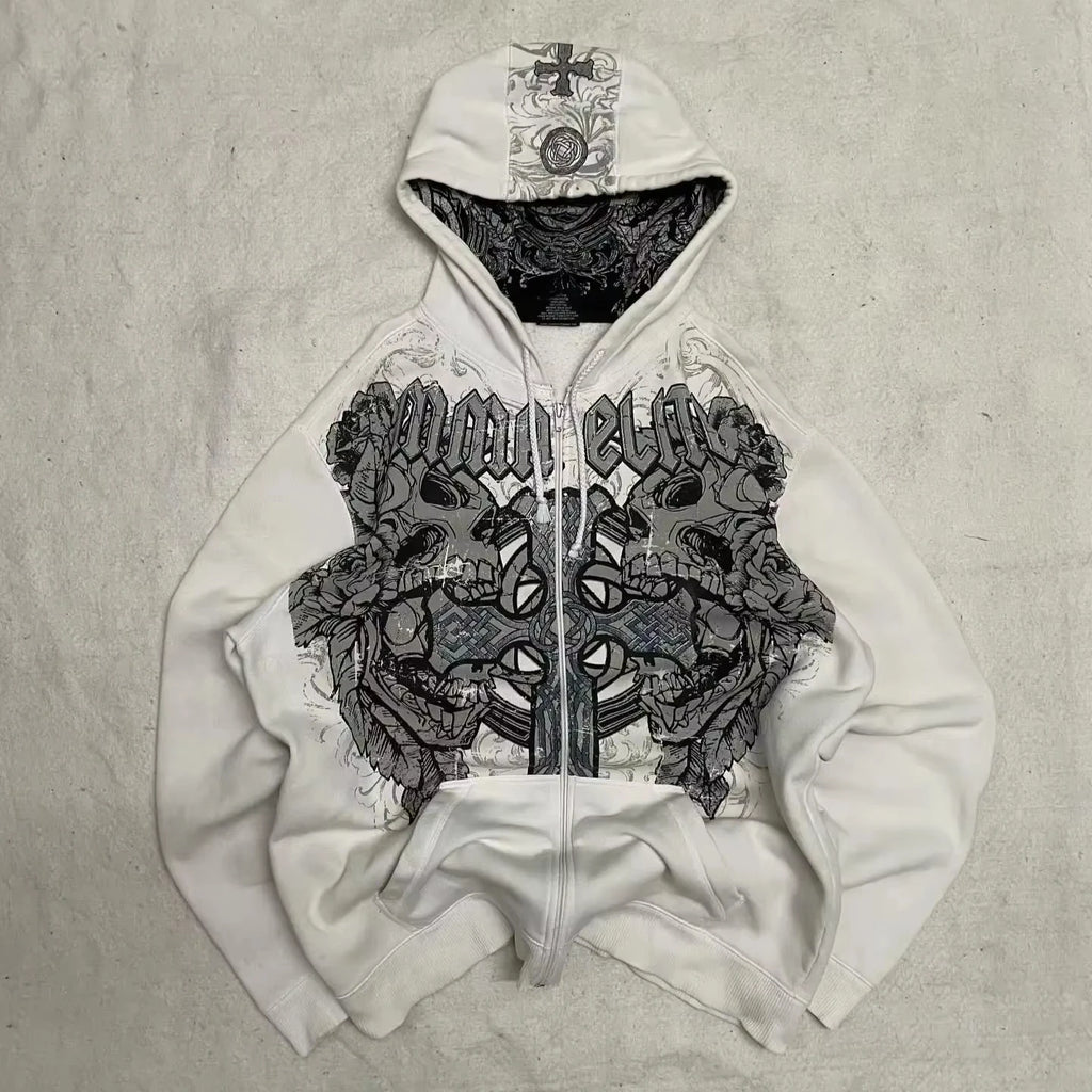 Y2K Harajuku Hip-hop Plus Velvet Padded Oversized Pattern Printed Hooded Sweater Women Gothic Vintage Casual Joker Coat