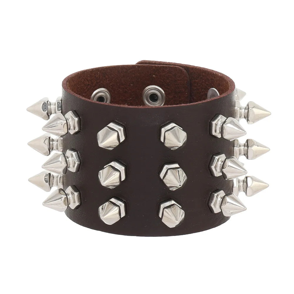 Vintage Leather Bracelet Three Row Cuspidal Spikes Rivet Stud Wide Cuff PU Leather Punk Gothic Rock Unisex Bracelet Men Jewelry