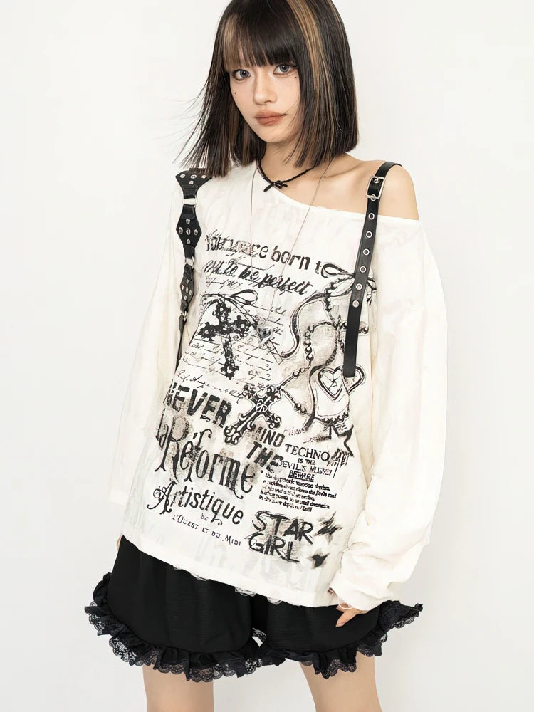 Y2k Long sleeve T shirt Women Off shoulder Oversize Tops Female Spring Autumn Vintage Holes Basic Tees Streetwear Chic