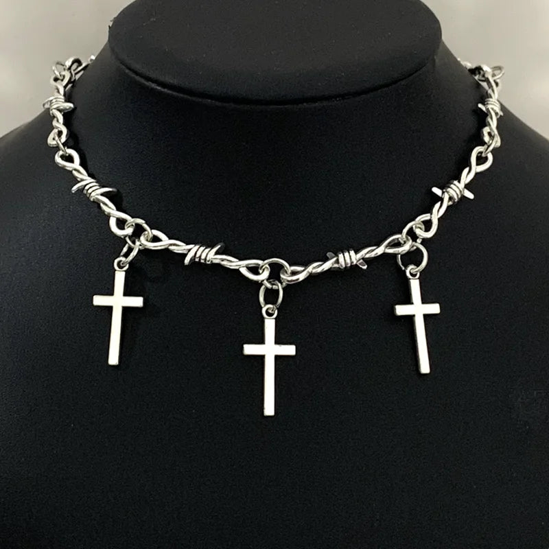 Small wire Brambles cross Choker Necklace Women Hip-hop Gothic Punk Style Barbed Wire Little thorns Chain Choker Gifts