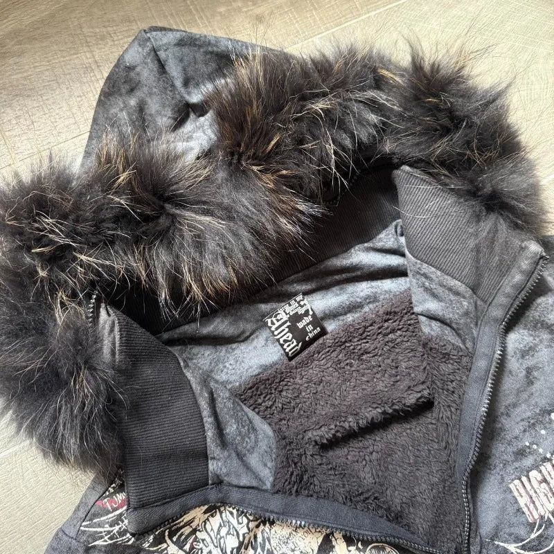 Y2K Harajuku Hip-hop Plus Velvet Padded Oversized Pattern Printed Hooded Sweater Women Gothic Vintage Casual Joker Coat