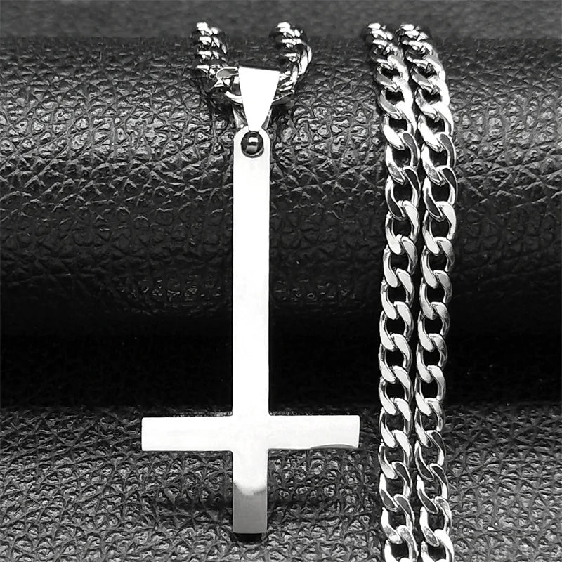 Stainless Steel Gothic Upside Down Cross Necklace for Man Women Black Inverted Cross Male Chain Jewelry collar hombre 8374-QKC