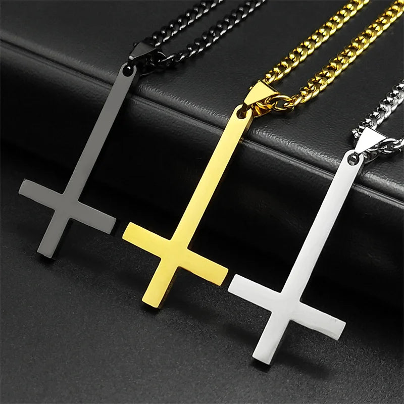 Stainless Steel Gothic Upside Down Cross Necklace for Man Women Black Inverted Cross Male Chain Jewelry collar hombre 8374-QKC