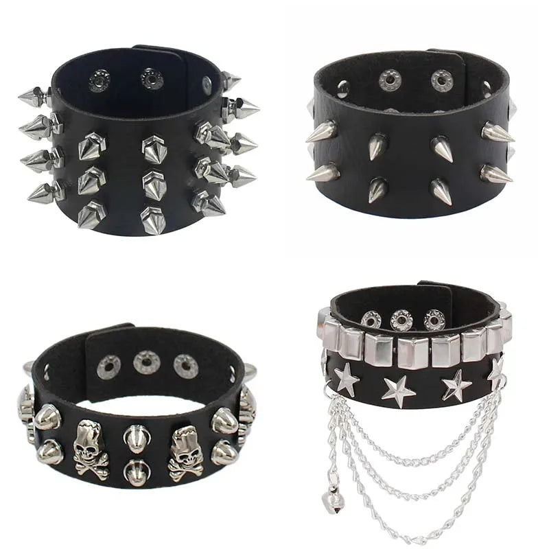 Vintage Leather Bracelet Three Row Cuspidal Spikes Rivet Stud Wide Cuff PU Leather Punk Gothic Rock Unisex Bracelet Men Jewelry