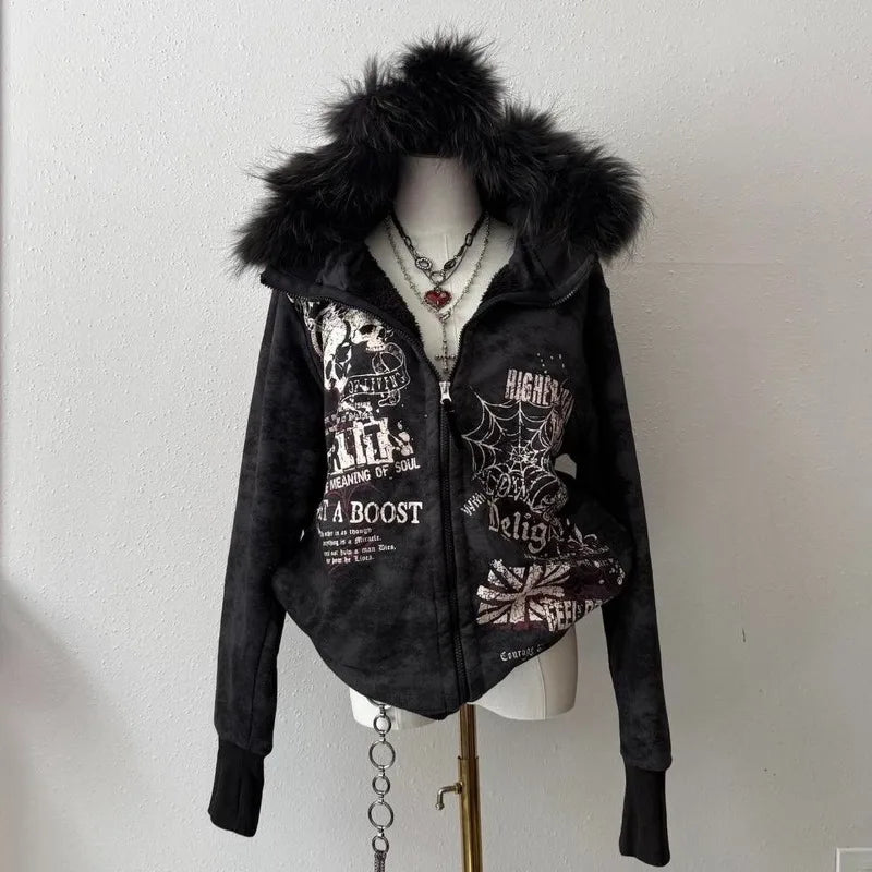 Y2K Harajuku Hip-hop Plus Velvet Padded Oversized Pattern Printed Hooded Sweater Women Gothic Vintage Casual Joker Coat