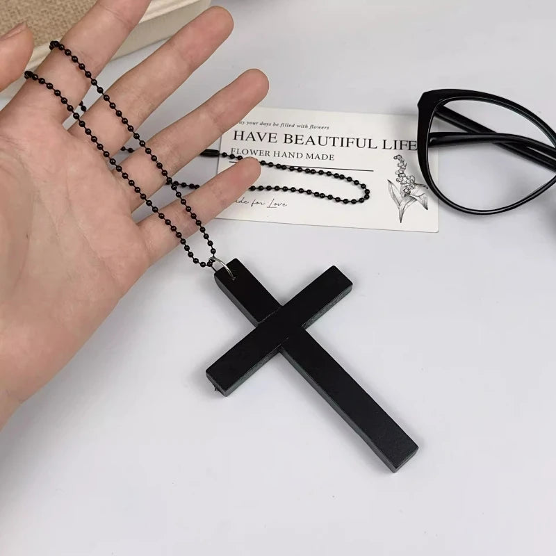 New Gothic Cool Y2K Wood Cross Pendants Necklaces Unisex Black White Red Hip Hop Charm Chain Choker Necklace Fashion Jewelry