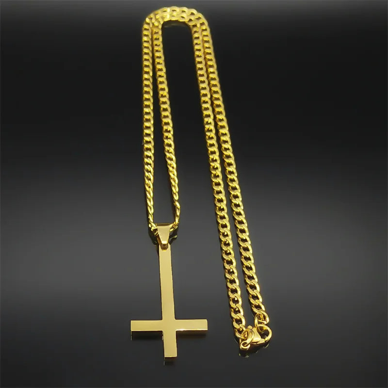 Stainless Steel Gothic Upside Down Cross Necklace for Man Women Black Inverted Cross Male Chain Jewelry collar hombre 8374-QKC