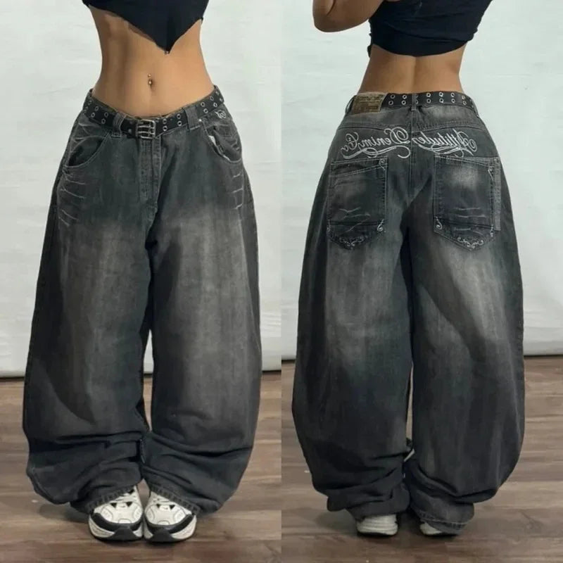 American New Fashion Oversized Pattern Printed Washed Jeans Men Y2K Gothic Rock Popular Casual Joker High Waist Wide Leg Pants