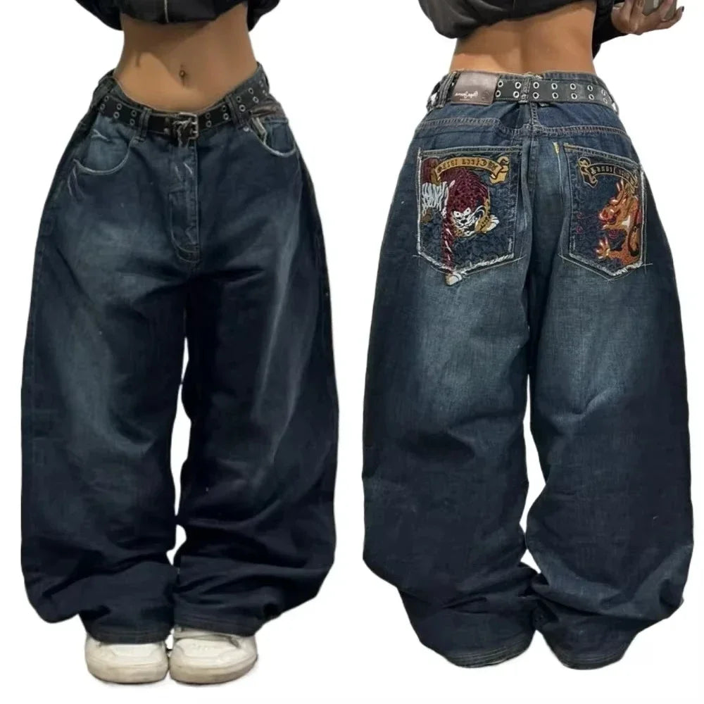American New Fashion Oversized Pattern Printed Washed Jeans Men Y2K Gothic Rock Popular Casual Joker High Waist Wide Leg Pants