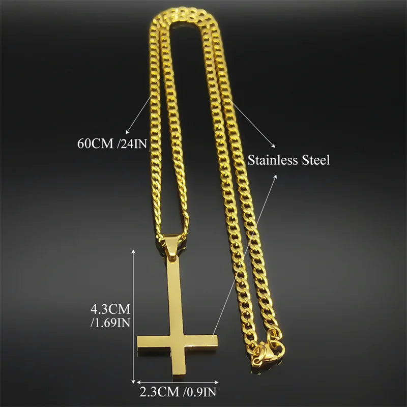 Stainless Steel Gothic Upside Down Cross Necklace for Man Women Black Inverted Cross Male Chain Jewelry collar hombre 8374-QKC