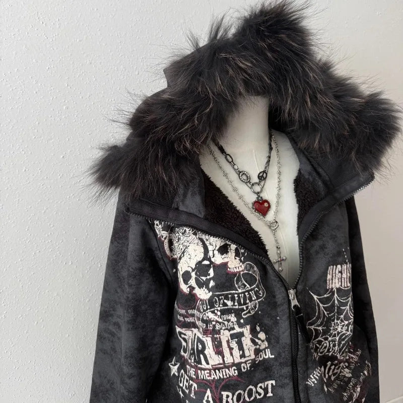 Y2K Harajuku Hip-hop Plus Velvet Padded Oversized Pattern Printed Hooded Sweater Women Gothic Vintage Casual Joker Coat