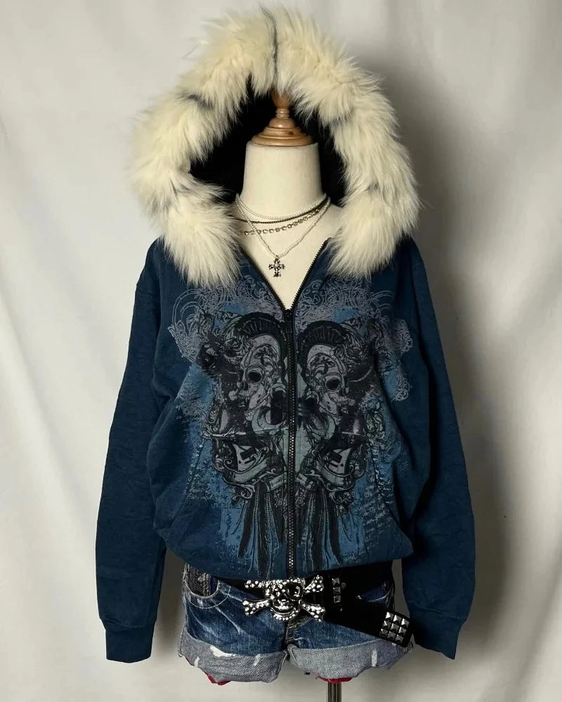 Y2K Harajuku Hip-hop Plus Velvet Padded Oversized Pattern Printed Hooded Sweater Women Gothic Vintage Casual Joker Coat